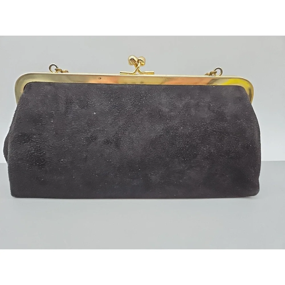 Vintage Black Suede Kiss Lock Evening Clutch Gold Studded Chain Strap Bag
